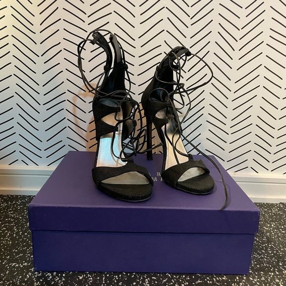 Stuart Weitzman black leather wrap suede strappy sandals - 4.5 inch heels - Picture 9 of 14
